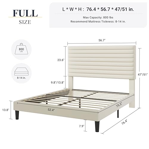 Full Bed Frame, Velvet Upholstered Bed with Adjustable Headboard