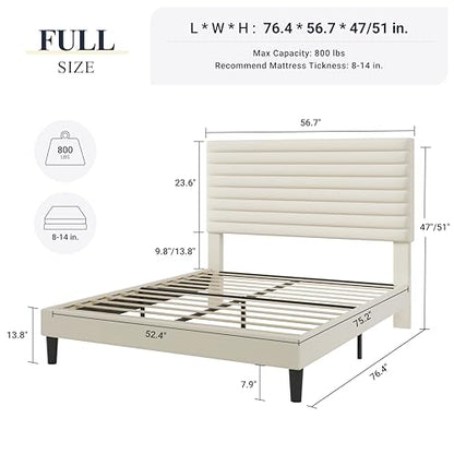 Full Bed Frame, Velvet Upholstered Bed with Adjustable Headboard