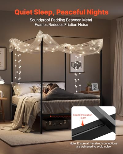Canopy Bed Frame Full Size, Metal Canopy Bed with Four Posters Design, Heavy Duty Steel Slats Support, Underbed Storage Space, No Box Spring Needed, Easy Assembly, Black