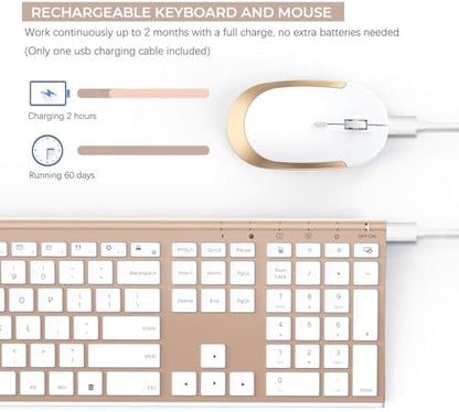 Vssoplor Wireless Keyboard and Mouse, Rechargeable Ultra Slim, White Gold