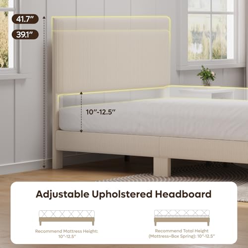 Queen Bed Frame with Headboard LED Lighting,Upholstered,Beige