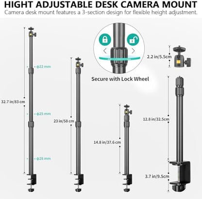 Camera Desk Mount Table Stand with Ball Head, Adjustable Light Stand with 1/4" Screw & C Clamp for DSLR Camera, Ring Light, Live Streaming, Photo Video Shooting