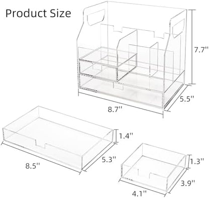 Cididu Acrylic Desk Organizer with 7 Compartments, Clear Desktop Storage with 2 Drawers for Office Supplies, Pen Holder, Stationery Caddy, Makeup Brushes, Transparent Organizer for Home School