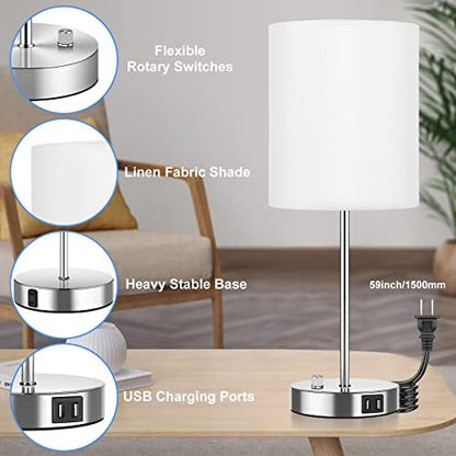 Set of 2 Table Lamps with USB Ports, White Bedside Lamps with AC Outlet