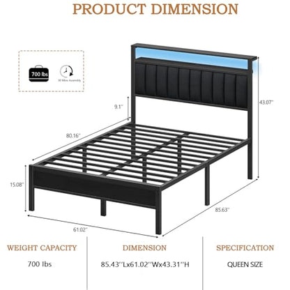 Queen Size Bed Frame with Charging Station and LED Lights