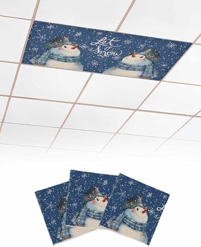Watercolor Snowman Magnetic Fluorescent Light Covers for Ceiling Lights 2 x 4 Feet,Christmas Snowflake Plaid Blue Office Classroom Kitchen Drop Ceiling Light Covers Filters Shade Panel 3 Packs