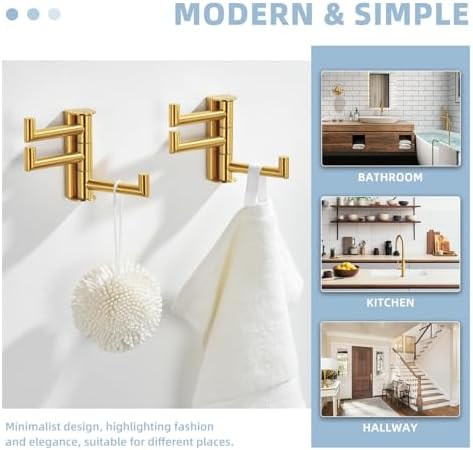 Suyar Brushed Gold Towel Hook, Bathroom Swivel Coat Robe Holder with 3 Arms