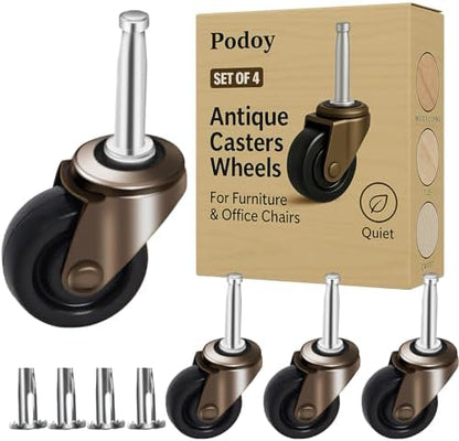 1-5/8" Antique Furniture Caster Wheels with Stem Sockets, Set of 4