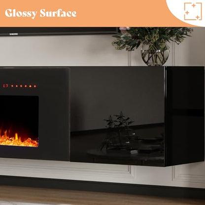 80" Floating TV Stand with 40" Electric Fireplace & LED Lights