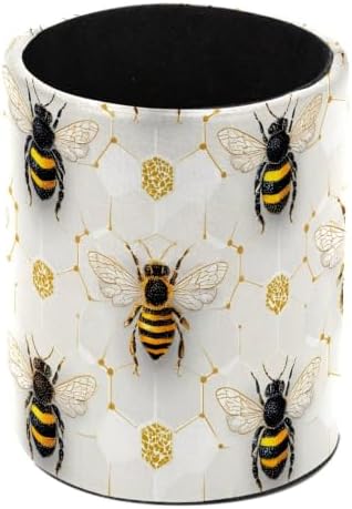 Leather Pen Holder for Desk, Honeycomb Bee Pencil Cup Pen Organizer Makeup Brush Holder for Office Home Kids Countertop Desk Accessory Storage