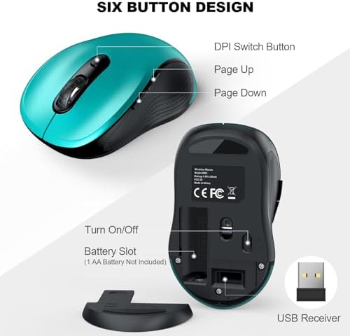WisFox 2.4G Wireless Mouse for Laptop, Ergonomic Computer Mouse with USB Receiver and Type-C Adapter, 3 Adjustable Levels, 6 Button Cordless Wireless Mice for Windows Mac PC Notebook (Green)