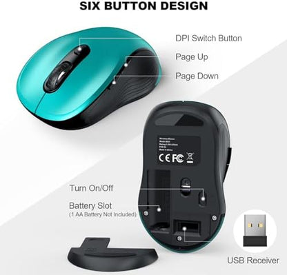 WisFox 2.4G Wireless Mouse for Laptop, Ergonomic Computer Mouse with USB Receiver and Type-C Adapter, 3 Adjustable Levels, 6 Button Cordless Wireless Mice for Windows Mac PC Notebook (Green)