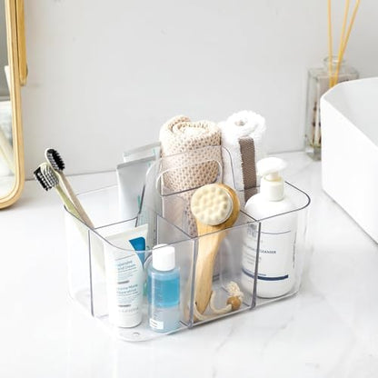 AOZITA Multiuse Caddy Organizer with Handle, Portable Divided Tote Bin - Art Craft, Stationary Pen Marker Crayons, Makeup Hair Supplies Storage - Bathroom, Classroom, Dorm, Office, Desk Holder -Clear