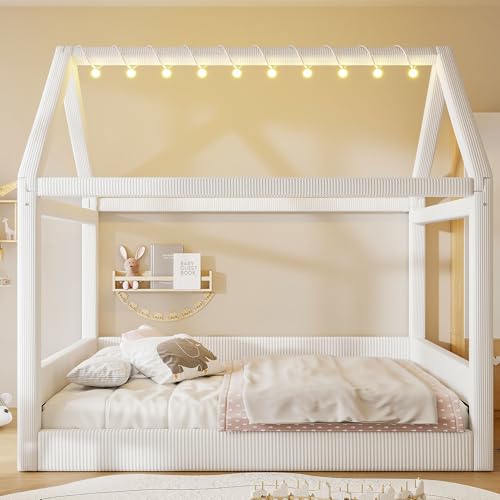 Modern Upholstered House Bed, Floor Upholstered Sofa Daybed with Wood Slat Support,Platform Bed Frame with Headboard/Full, Beige