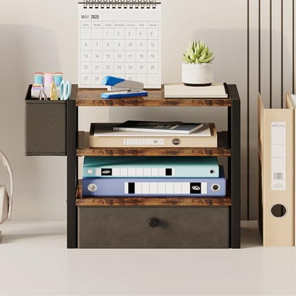 Desk Organizers and Accessories, 4-Tier Paper Letter Tray File Organizer with Fabric Drawer & 3 Pen Holder, Office Desk Accessories Workspace Desktop Organizer for Office Supplies, Rustic Brown