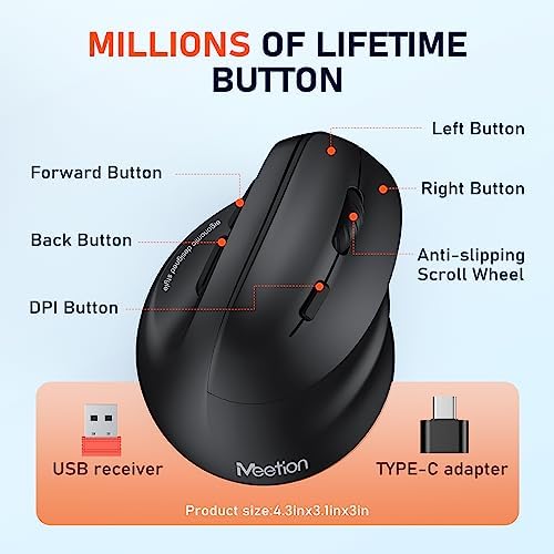 MEETION Ergonomic Wireless Mouse, Bluetooth Vertical Mouse with RGB, Black