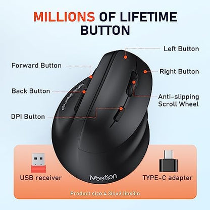 MEETION Ergonomic Wireless Mouse, Bluetooth Vertical Mouse with RGB, Black