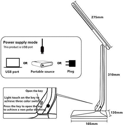 LED Desk Lamp One Key Touch Control Eye-Caring Table Lamps 3 Color Modes Non-Polar Dimmable Foldable for Study Office Bedroom Gift (Black)