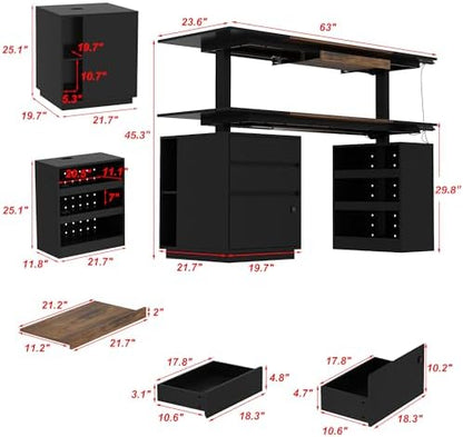 63" Electric Standing Desk with Lockable Drawer, Pegboard and Keyboard Tray, Height Adjustable Stand up Desk with File Cabinet & Shelves, Home Office Computer Gaming Table, Black