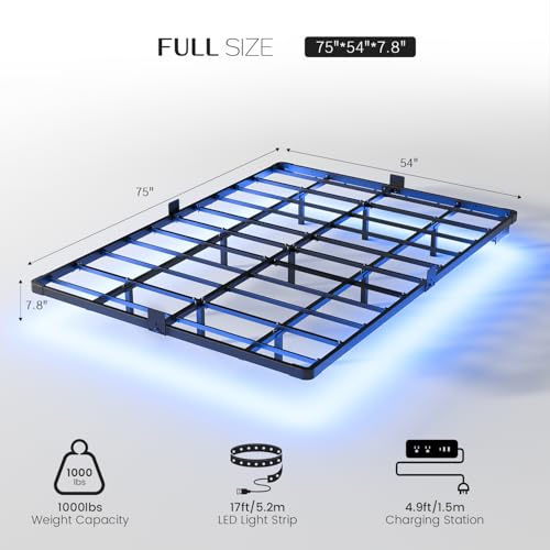 Floating Bed Frame Full Size Metal with LED Light & Charging Station