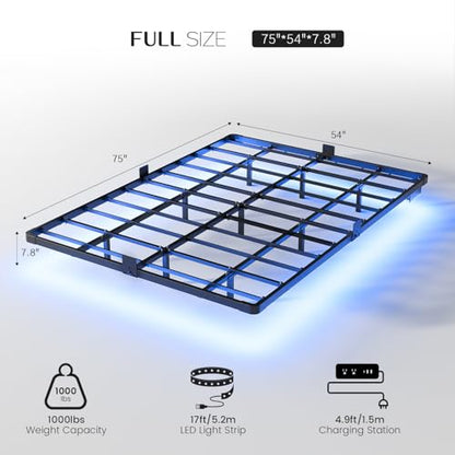 Floating Bed Frame Full Size Metal with LED Light & Charging Station