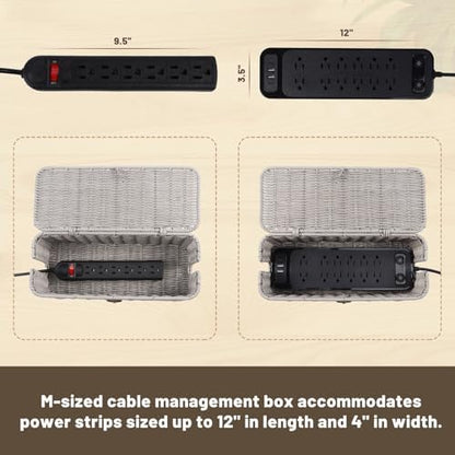 Cable Management Box, Cord Organizer with Lid & Cable Ties - Gray, M