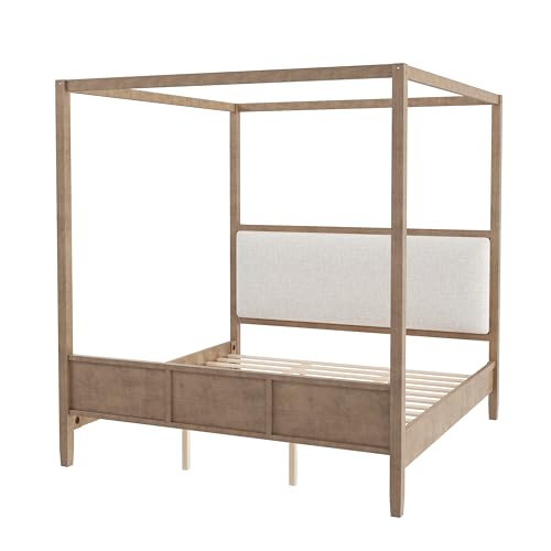 King Size Canopy Bed with Linen Headboard and 4-Poster, Walnut