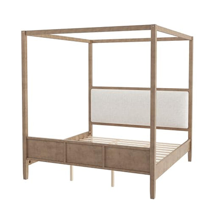 King Size Canopy Bed with Linen Headboard and 4-Poster, Walnut