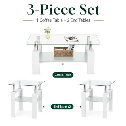 3-Piece Coffee Table Set, Glass Coffee Table with 2 End Tables