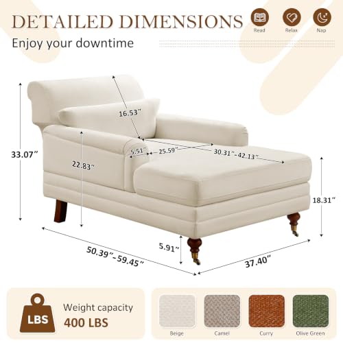 59.45'' Chaise Lounge Chair with Adjustable Backrest, Chenille Beige