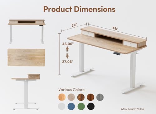 BANTI 48x24 Inch Electric Height Adjustable Standing Desk, Home Office Computer Desk with Double Storage Drawers, 4 Adjustable Feet & 2 Hooks, Maple