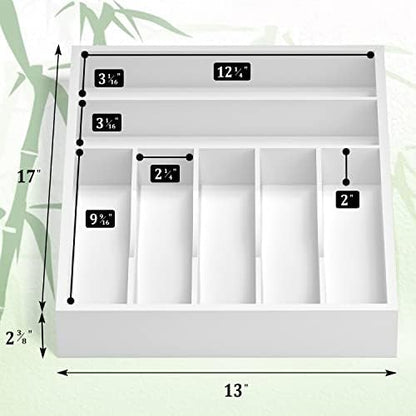 Utensil Organizer Silverware Drawer Organizer - 7 Slots Bamboo Cutlery Organizer Multi-Purpose Silverware Divider for Kitchen Flatware, Hair Accessories, Repair Tools, Art Set W13”x L17” (White)