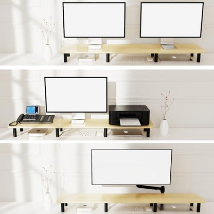 Large Extra Long Monitor Stand Riser 43.7in,Dual Monitor Riser, Wide TV Stand for 2 Monitors, Wood & Steel Leg Adjustable Height Desktop Riser, Home Office Organization. (Natural)