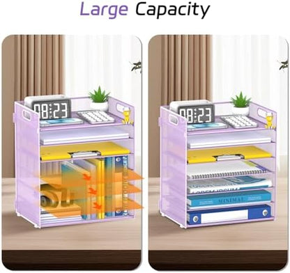 7 Tier Paper Organizer for Desk with Mesh Letter Trays and Handle Purple