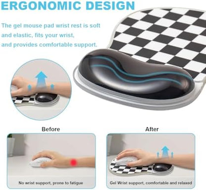 Checkered Mouse Pad with Gel Wrist Rest Support, Ergonomic Black Mousepad