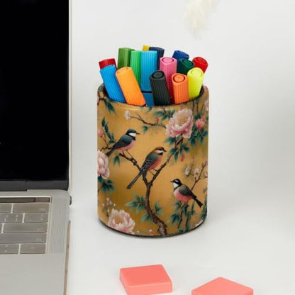 Leather Pen Holder for Desk, Peony Bird Pencil Cup Pen Organizer Makeup Brush Holder for Office Home Kids Countertop Desk Accessory Storage