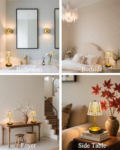 Gold Cordless Table Lamp Rechargeable,5000mAh Battery Operated Lamps,Mini Small Crystal Table Lamp for Restaurant Dining Bathroom/Kitchen Counter/Rechargable Touch Lamp for Home Dinner Shower Lamp