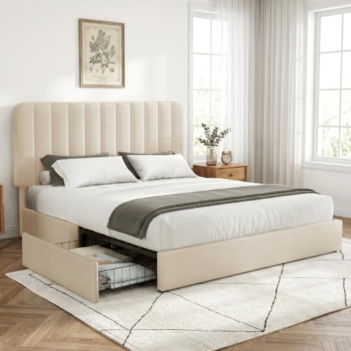 King Size Upholstered Bed Frame with 4 Drawers and Headboard, Velvet Platform Storage Bedframe, Wooden Slats Support, No Box Spring Needed,Bone Beige