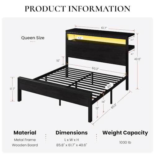 Queen Bed Frame, 2-Tier Storage Headboard, LED, Charging Station