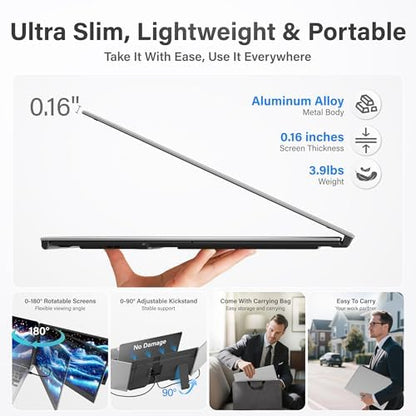 Laptop Screen Extender Monitor Portable, 15.6" FHD 1080P Triple Laptop Monitor Extender, Two Cable Plug-Play for 13-17.3" Laptop, Ultra-Thin 0.16" Laptop Extended Monitor for Mac/Win/Android