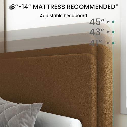 Queen Size Boucle Platform Bed Frame with Adjustable Headboard, Upholstered Cloud Bed, Solid Wooden Legs, Easy Assembly, No Box Spring Needed, Brown