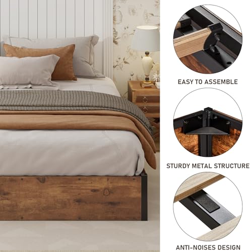 King Size Bed Frame with Lift Up Storage, Rustic Brown