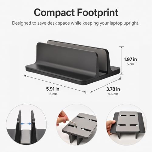 Vertical Laptop Stand Holder, Aluminum Adjustable Laptop Storage Rack, Space Saving Desktop Laptop Holder for MacBook, Surface, Samsung, HP, Dell up to 17.3 inches (Black)