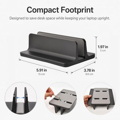 Vertical Laptop Stand Holder, Aluminum Adjustable Laptop Storage Rack, Space Saving Desktop Laptop Holder for MacBook, Surface, Samsung, HP, Dell up to 17.3 inches (Black)