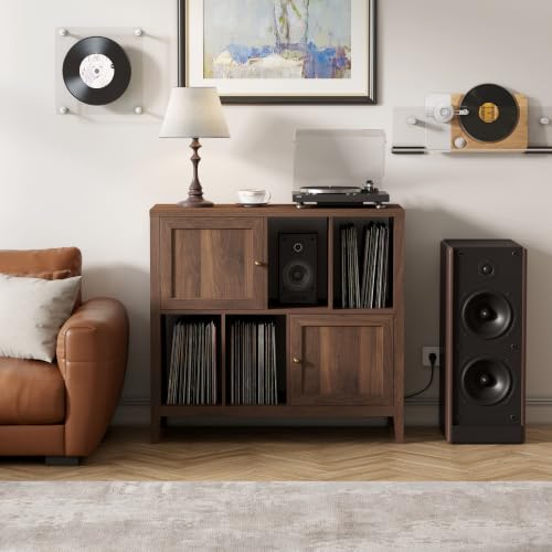 Modern Record Player Stand, Vinyl Record Storage Cabinet, Brown