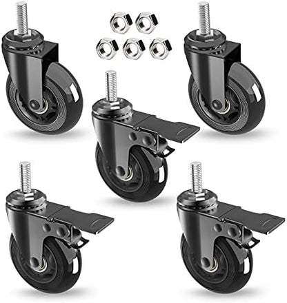 3" Caster Wheels set of 5(3 with Safety Dual Brake,2 without),Heavy Duty Swivel Castors w 3/8"-16UNC Threaded Stem, No Noise Rubber wheels,Safe for HardWwood,Carpet,Fit Chair,Workench,Shelf