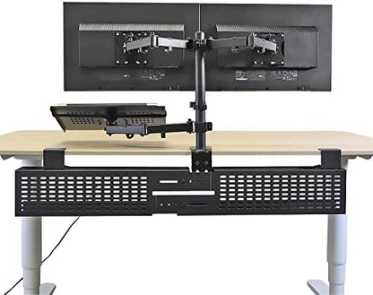 AEONS Dual Monitor and Laptop Desk Mount Combo Stand with Notebook Tray fits 17 inch, 3-in-1 Adjustable Triple Arm Mount fits 27 inch LCD Screen with VESA, Clamp and Cable Management, Black