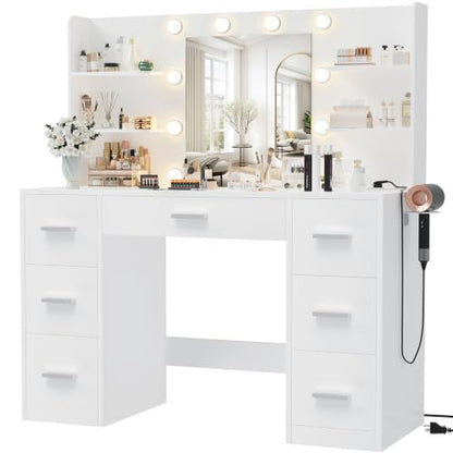 Vanity Desk with LED Mirror,Power Outlet,7 Drawers Makeup Table
