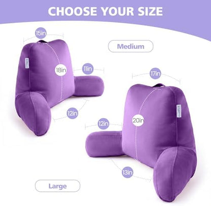 Reading Pillow with Adjustable Memory Foam,Adult Backrest with Arms, Back Pillow for Sitting in Bed with Washable Cover- Large, Purpule
