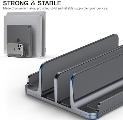 YICOSUN 4-Slot Aluminum Vertical Laptop Stand for Desk - Adjustable Width Dock for MacBook, Surface, Samsung, HP, Dell up to 17.3 inches - Space-Saving & Protective Design - Gray